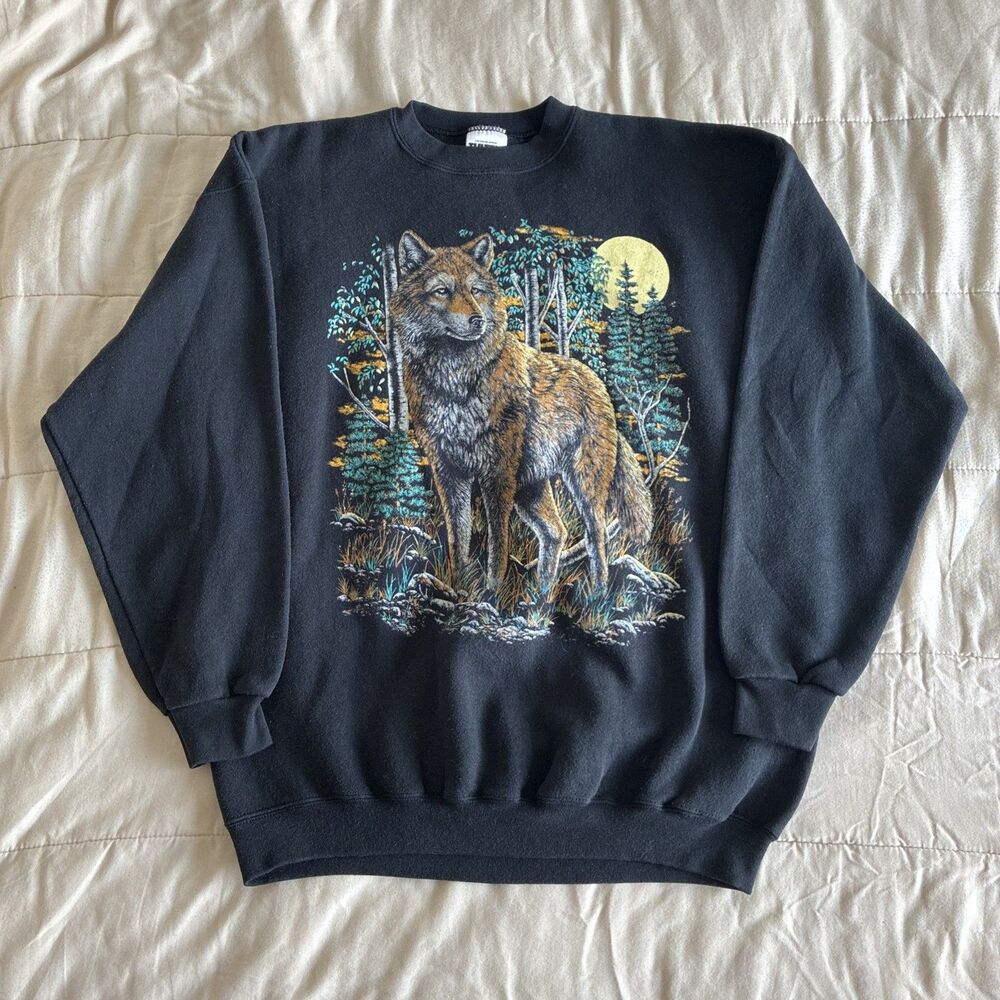 Vintage 90s Wolf Nature Pullover Crewneck Sweatshirt XL Adult Black Moon